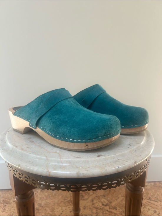 Swedish Hasbeens Shoes - Swedish Hasbeens Teal Suede Clogs